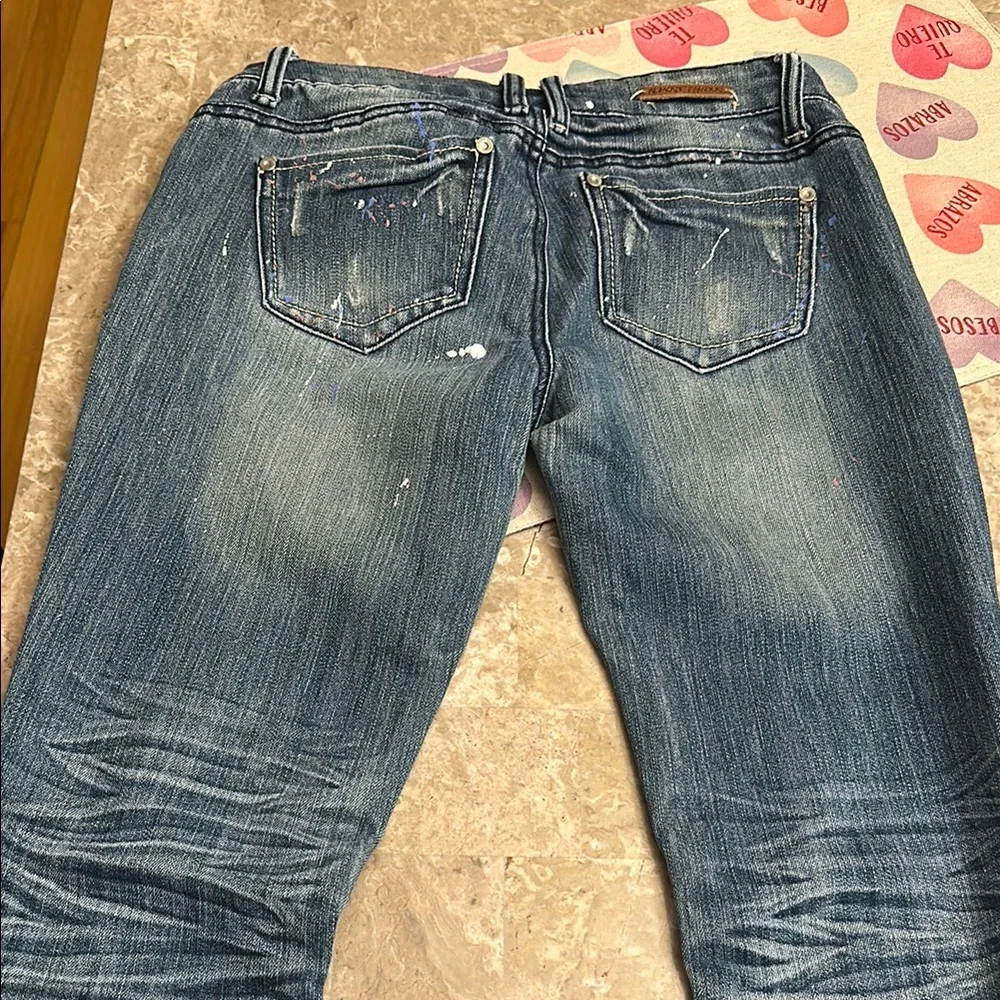 Almost Famous Blue Skinny Jeans with Distressing and Pink Design - Picture 4 of 4